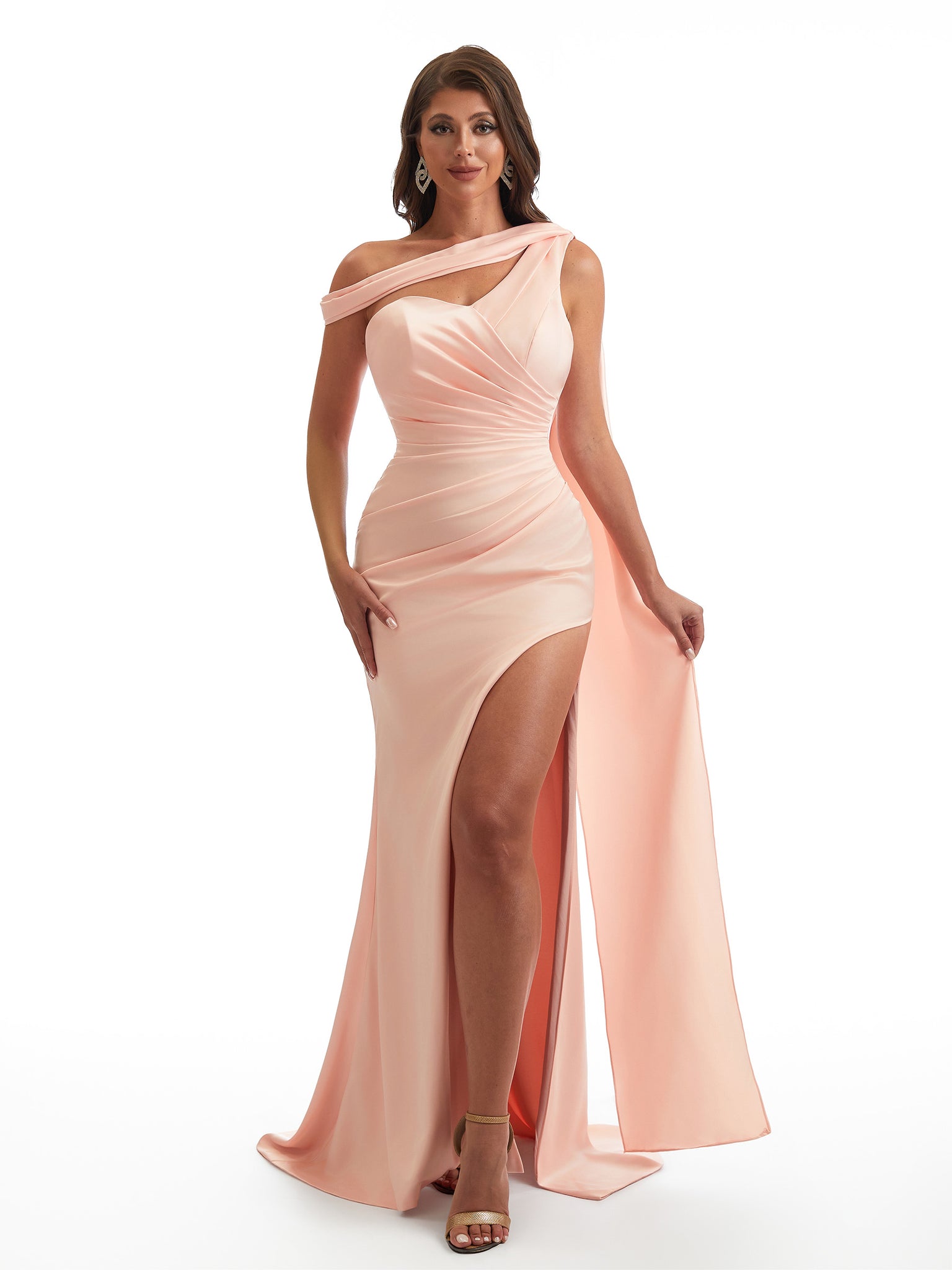 Sexy Asymmetric Neckline Mermaid Side Slit Soft Satin Unique Maxi Bridesmaid Dresses Online