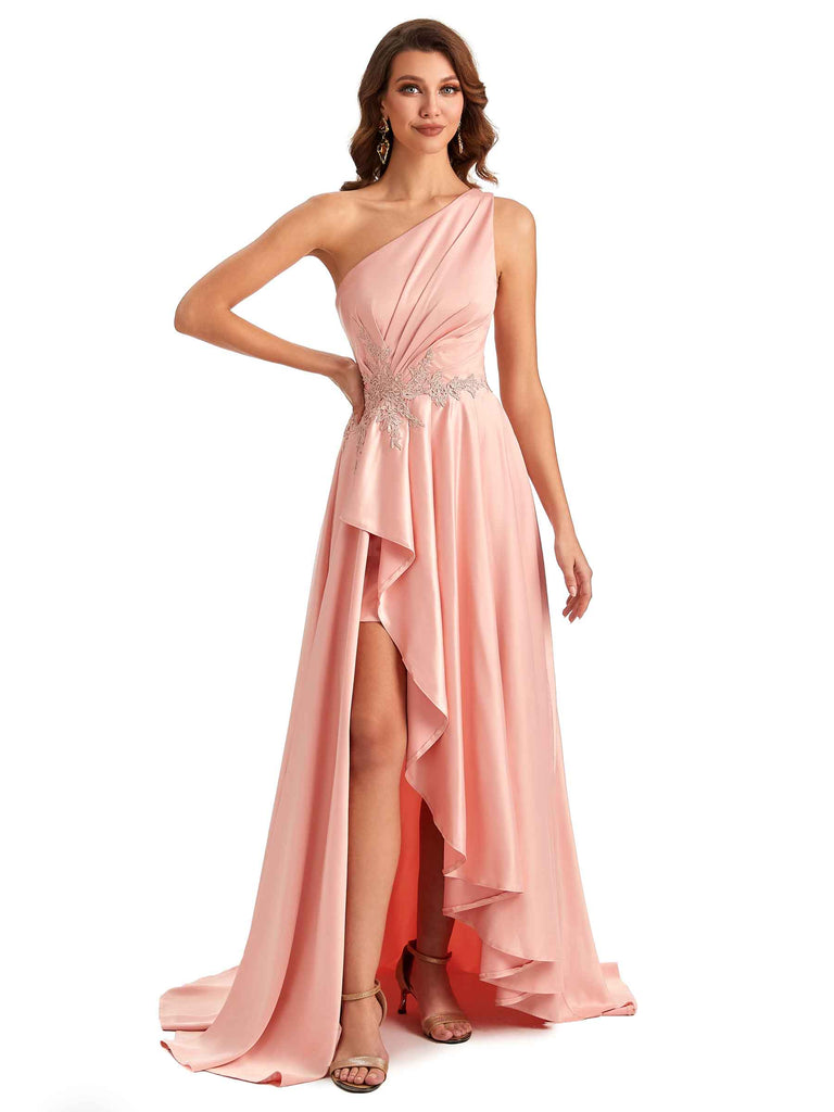 Sexy One Shoulder A-Line High Low Silky Satin Lace Long Formal Wedding Guest Dresses