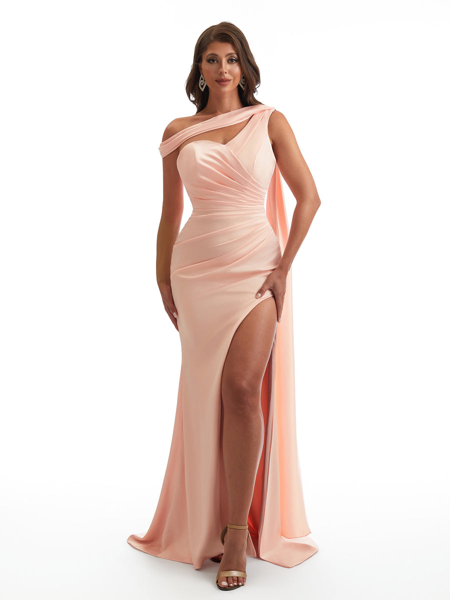 Sexy Asymmetric Neckline Mermaid Side Slit Soft Satin Unique Maxi Bridesmaid Dresses Online