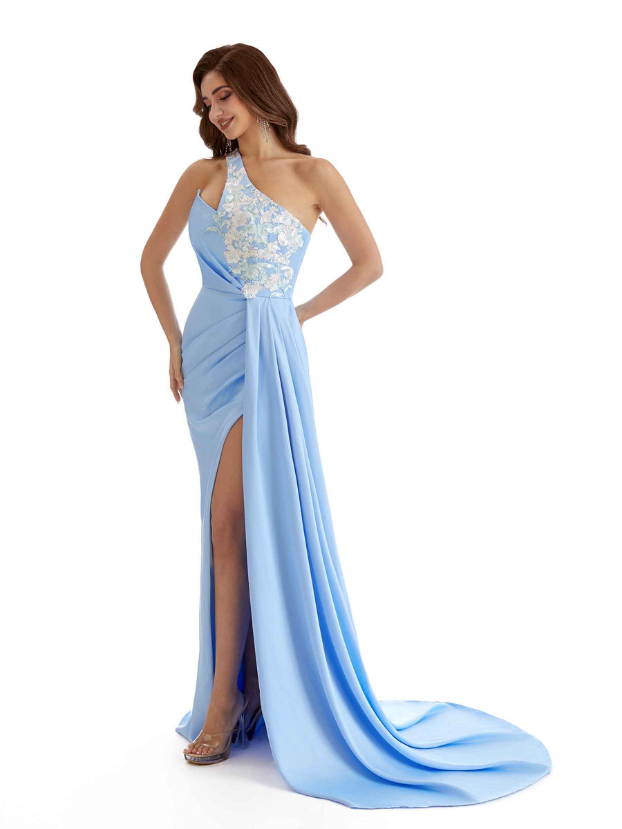 Sexy Side Split One Shoulder Appliques Long Satin Bridesmaid Dresses Online