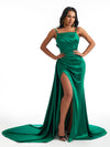 Sexy Spaghetti Straps Square Mermaid Soft Satin Side Slit Long Bridesmaid Dresses Online