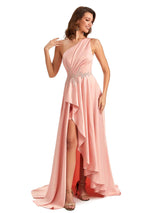 Sexy One Shoulder A-Line High Low Silky Satin Lace Long Formal Wedding Guest Dresses