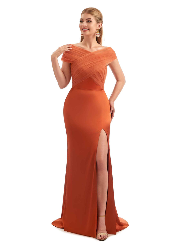 Modern Winter Off The Shoulder Satin Bridesmaid Dresses