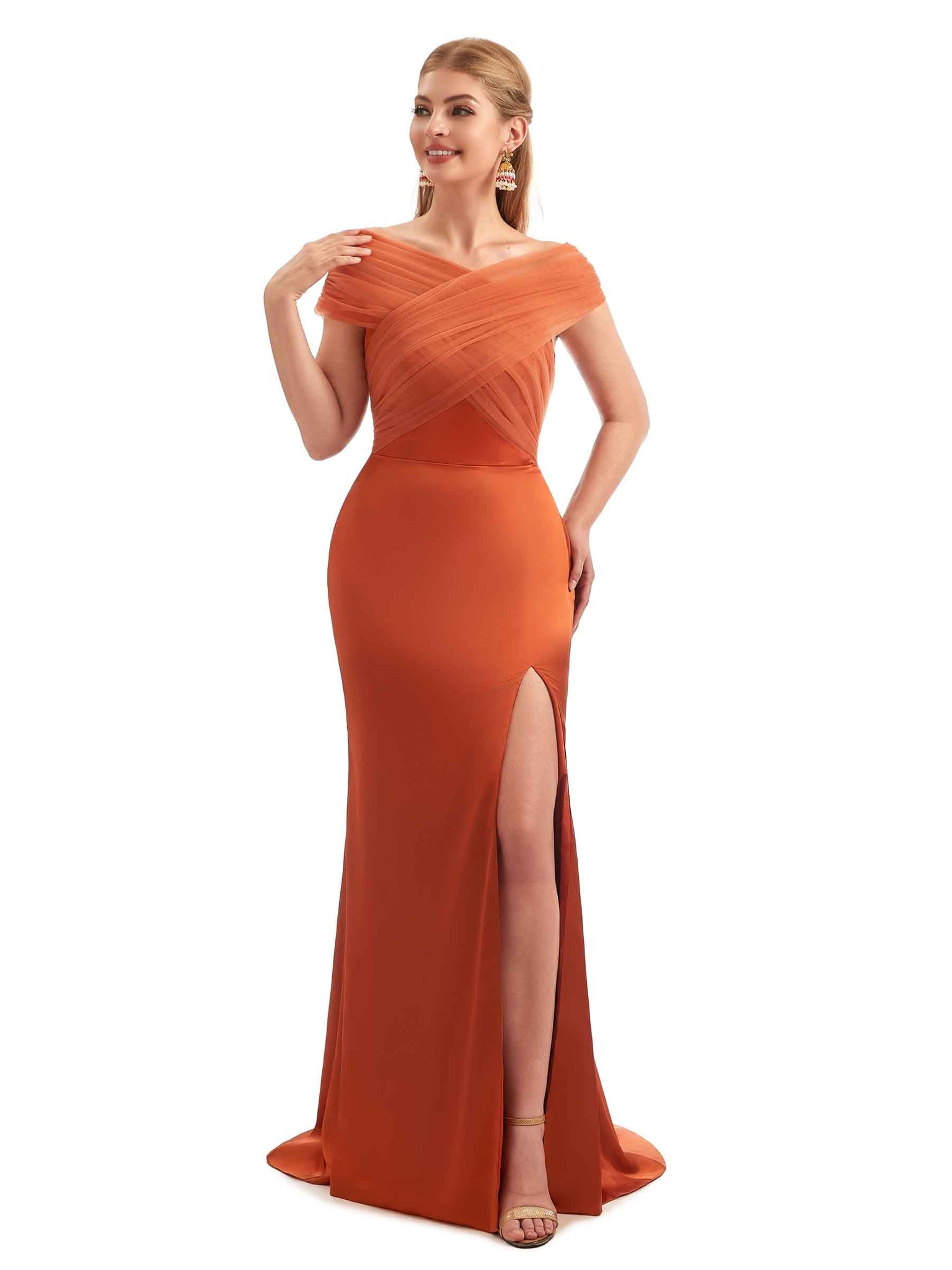 Modern Spring Off The Shoulder Satin Bridesmaid Dresses