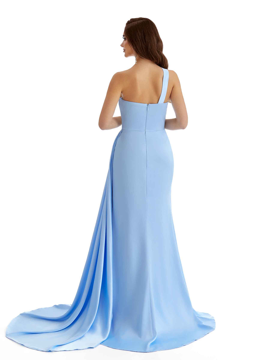 Sexy Side Split One Shoulder Appliques Long Satin Bridesmaid Dresses Online