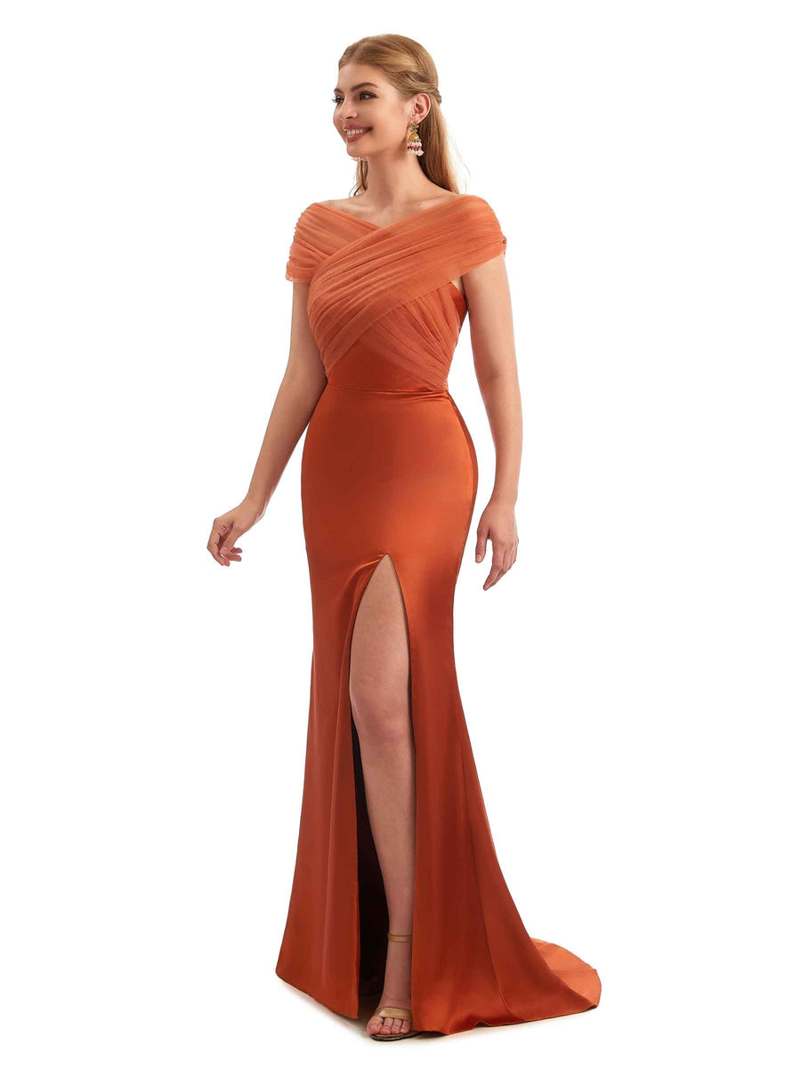 Modern Black Off The Shoulder Satin Bridesmaid Dresses