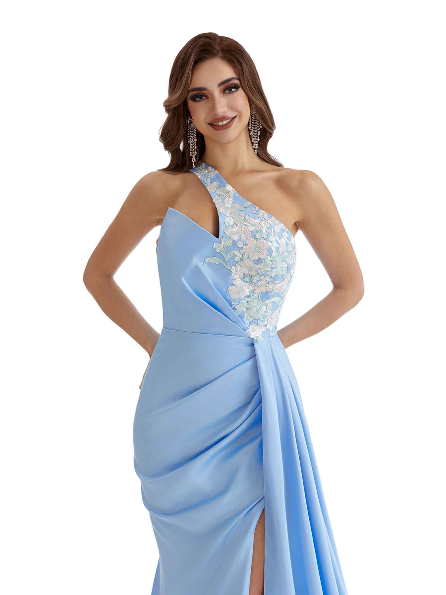 Sexy Side Split One Shoulder Appliques Long Satin Bridesmaid Dresses Online