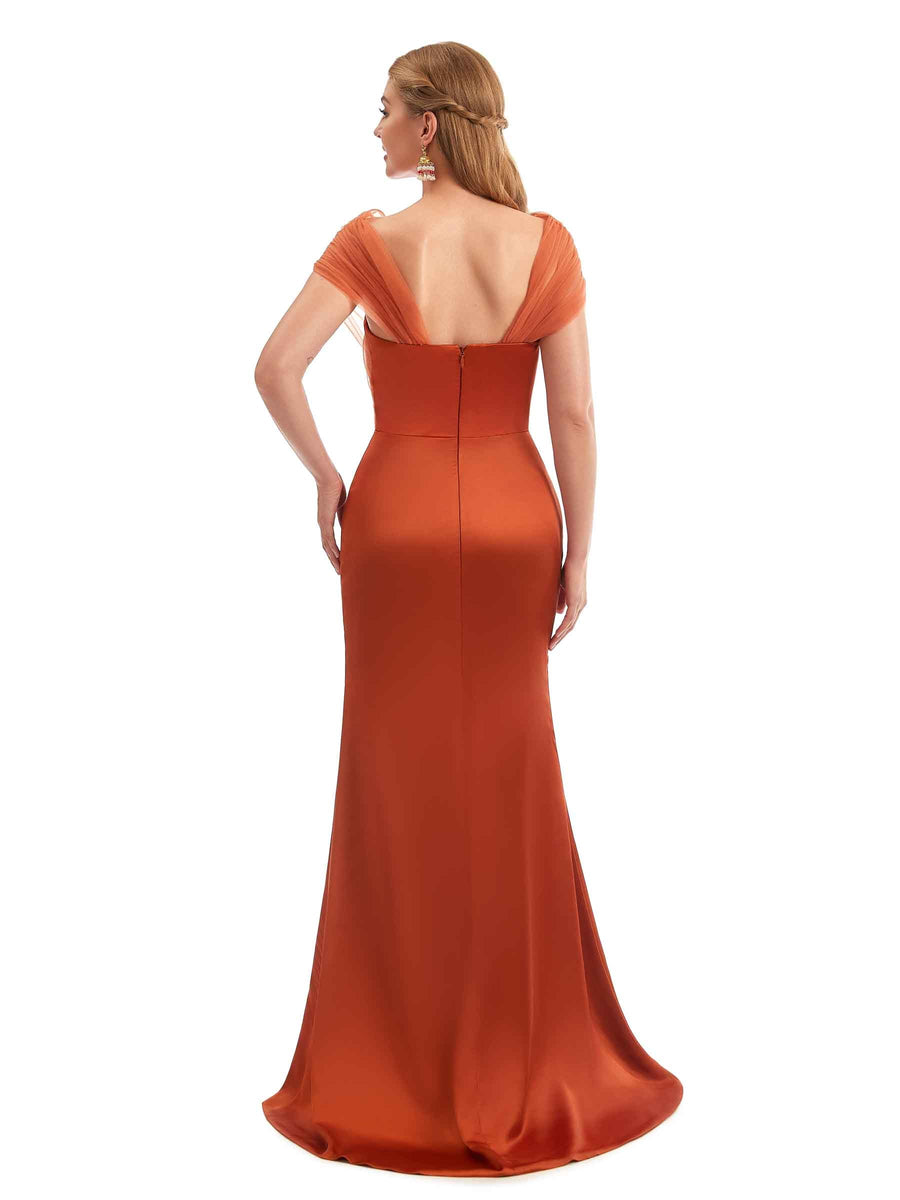 Chic Off-Shoulder Crossed-Neckline Boho Satin Bridesmaid Dress
