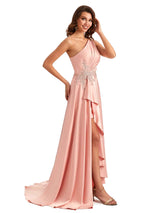 Sexy One Shoulder A-Line High Low Silky Satin Lace Long Formal Wedding Guest Dresses