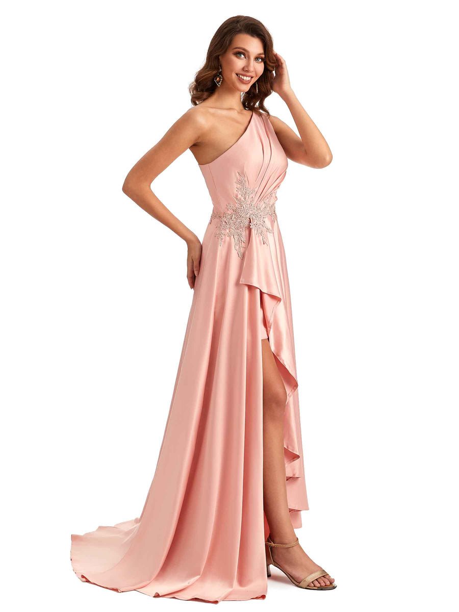 Sexy One Shoulder A-Line High Low Silky Satin Lace Long Formal Wedding Guest Dresses