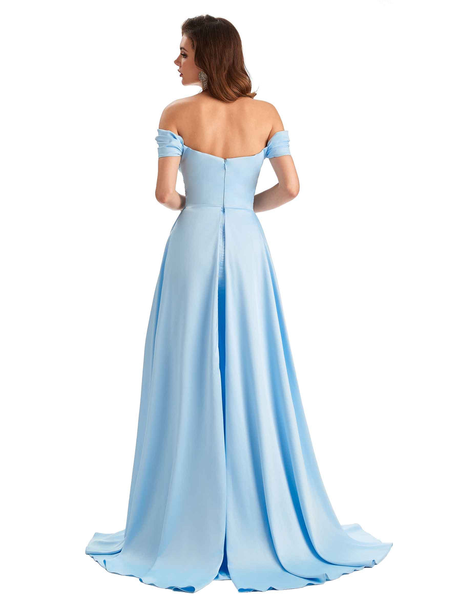 Sexy Side Slit Mermaid Soft Satin Off The Shoulder Long Unique Bridesmaid Dresse In Stock