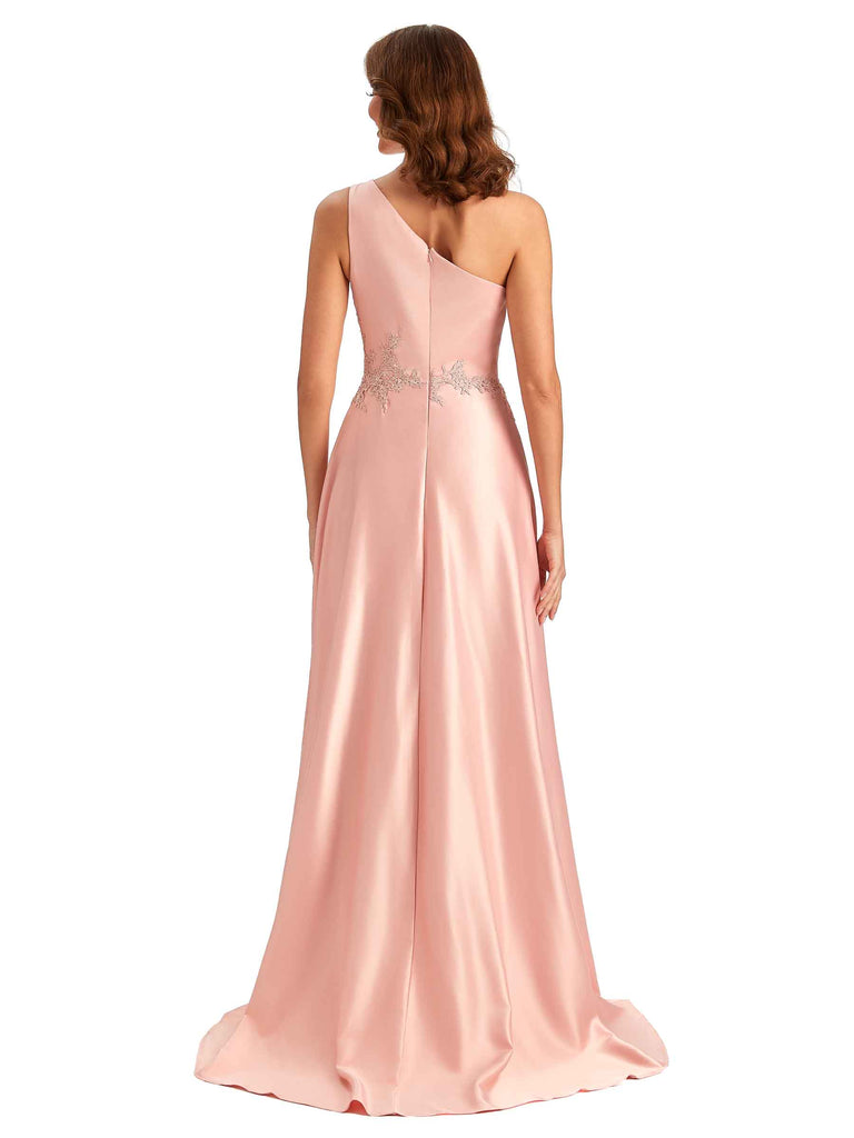 Sexy One Shoulder A-Line High Low Silky Satin Lace Long Formal Wedding Guest Dresses