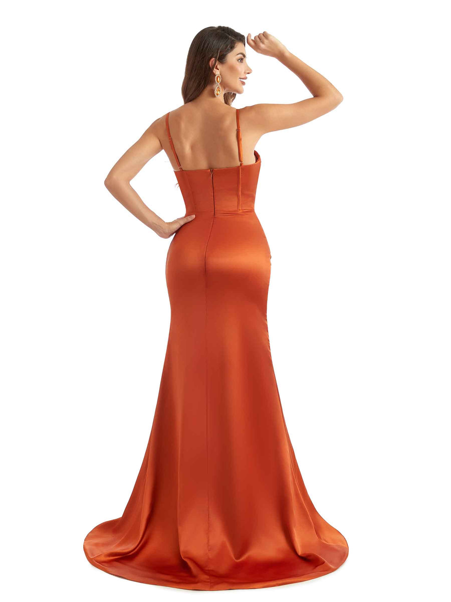 Sexy Side Split Spaghetti Straps Mermaid Unique Satin Maxi Bridesmaid Dresses