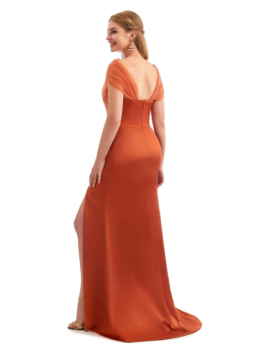 Chic Off-Shoulder Crossed-Neckline Boho Satin Bridesmaid Dress