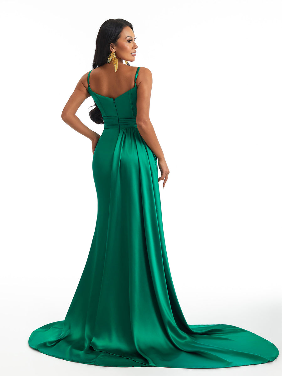 Sexy Spaghetti Straps Square Mermaid Soft Satin Side Slit Long Bridesmaid Dresses Online
