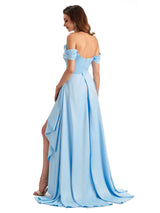Sexy Side Slit Mermaid Soft Satin Off The Shoulder Long Unique Bridesmaid Dresses