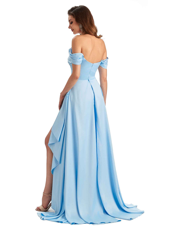 Sexy Side Slit Mermaid Soft Satin Off The Shoulder Long Unique Bridesmaid Dresses