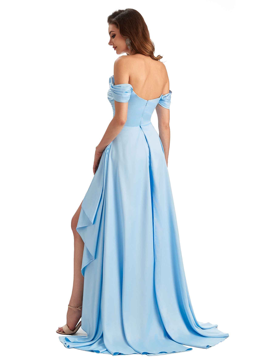 Sexy Side Slit Mermaid Soft Satin Off The Shoulder Long Unique Bridesmaid Dresse In Stock