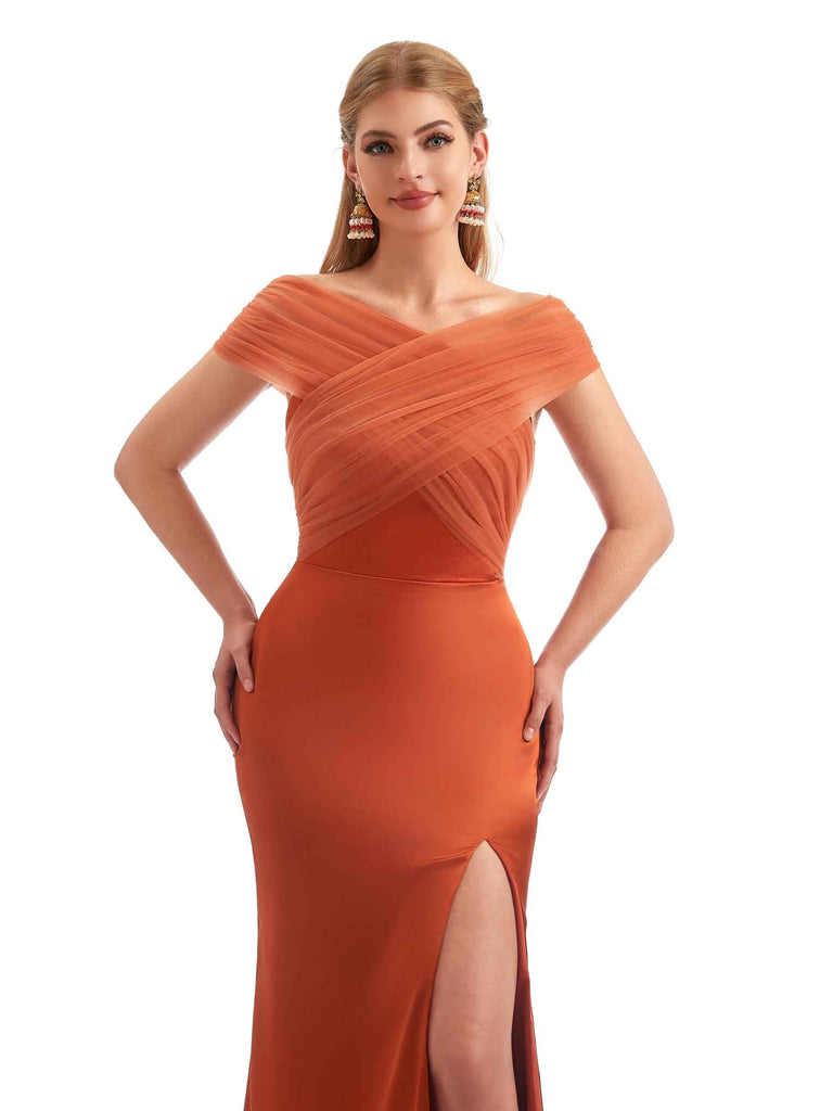 Modern Fall Off The Shoulder Satin Bridesmaid Dresses