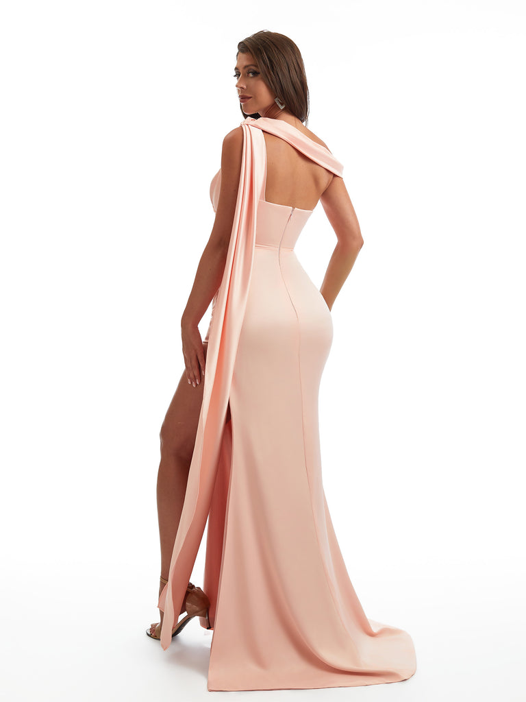 Sexy Asymmetric Neckline Mermaid Side Slit Soft Satin Unique Maxi Bridesmaid Dresses Online