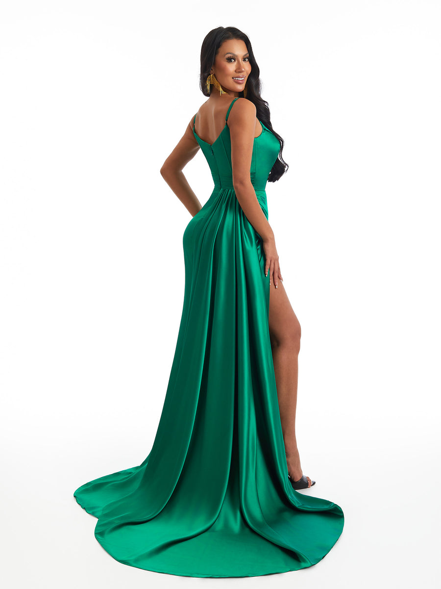 Sexy Spaghetti Straps Square Mermaid Soft Satin Side Slit Long Bridesmaid Dresses Online