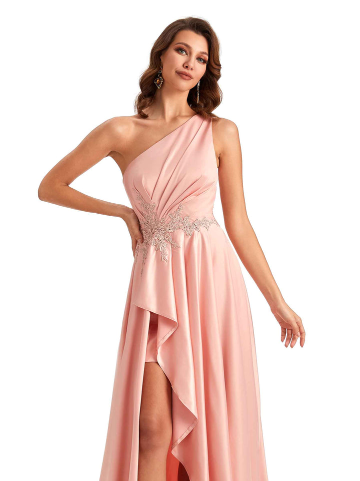 Sexy One Shoulder A-Line High Low Silky Satin Lace Long Formal Wedding Guest Dresses