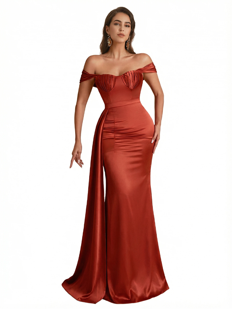 Sexy Off The Shoulder Ruched Mermaid Silky Satin Long Formal Dresses