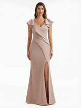 Elegant Mermaid Stretchy Crepe Maxi Evening Gowns For Women V-Neck Side Slit