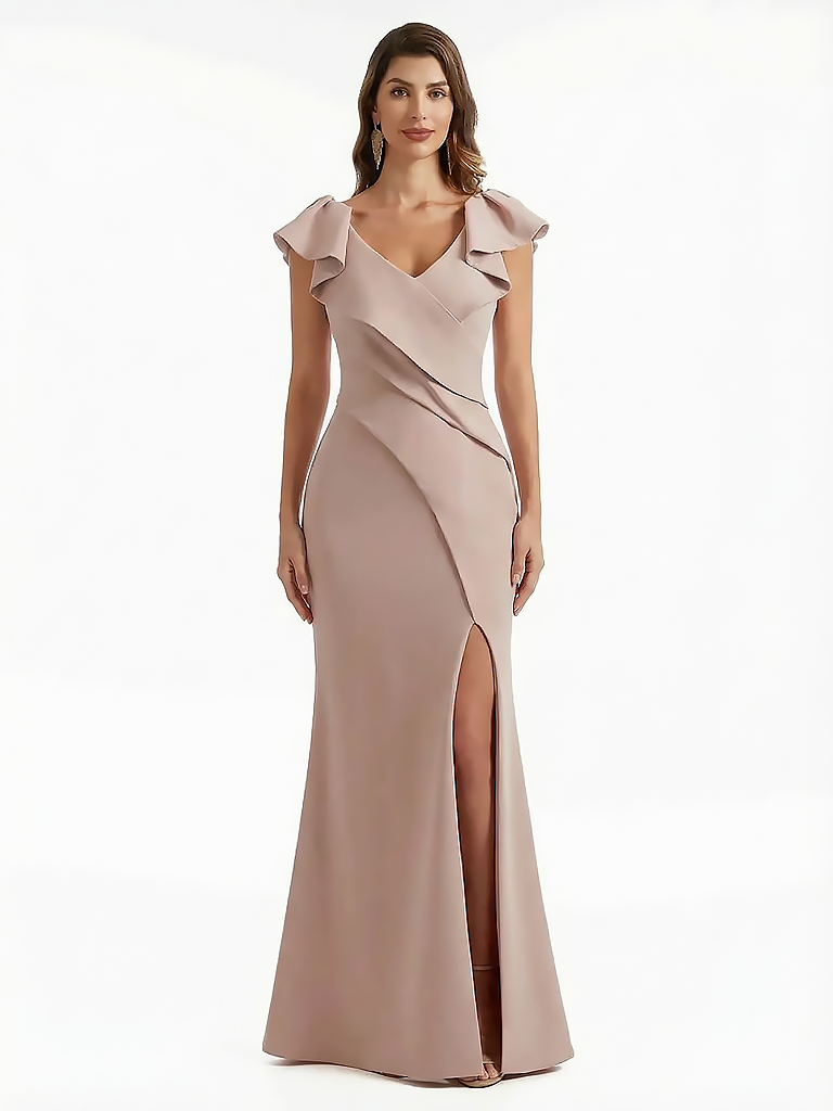 Elegant Mermaid Stretchy Crepe Maxi Evening Gowns For Women V-Neck Side Slit