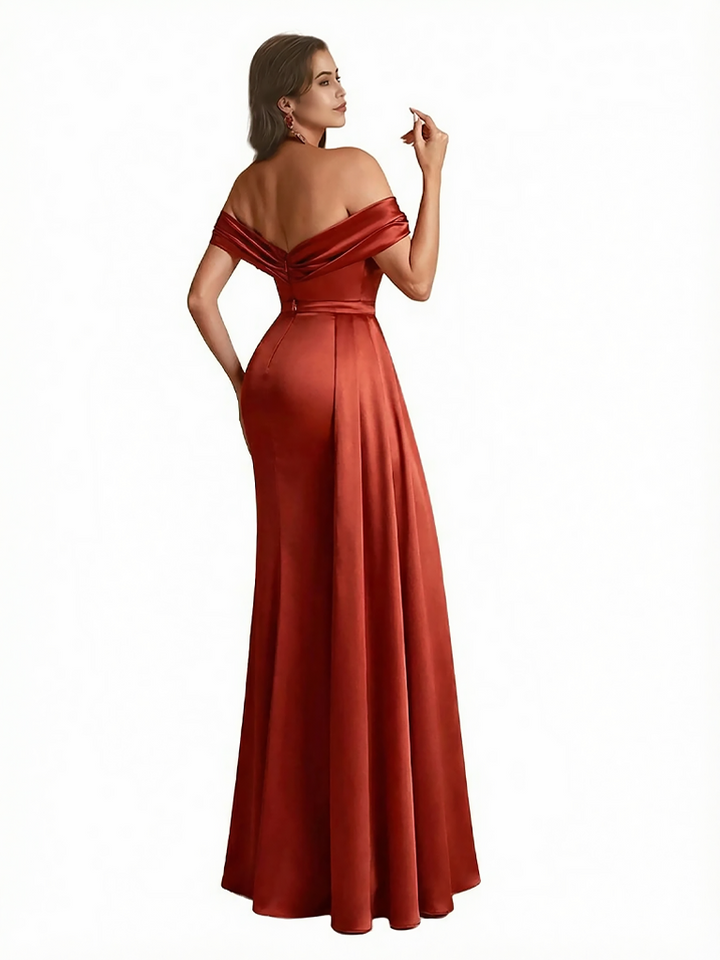 Sexy Off The Shoulder Ruched Mermaid Silky Satin Long Formal Dresses