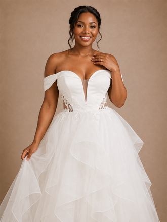 ChicSew Romantic Off The Shoulder Ruffled Tulle A-Line Maxi Wedding Dress With Applique
