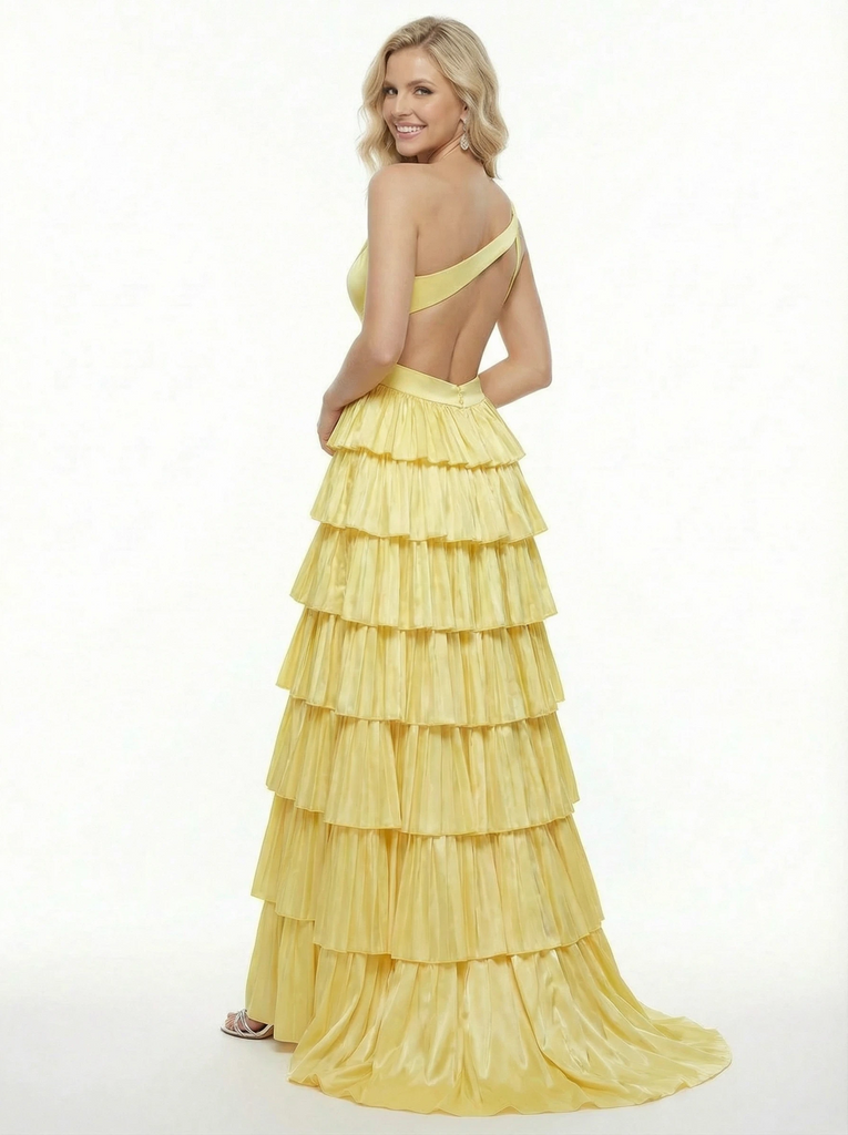 Unique Tiered Ruffle Plisse Ball Gown Sexy Cutout Waist V-Neck Floor Length Event Dress