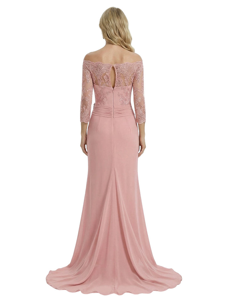 Elegant Off Shoulder 3/4 Sleeves Mermaid Chiffon Mother Of The Bride Dress With Lace Appliques