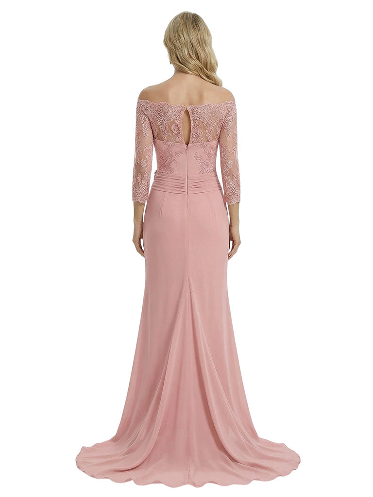 Elegant Off Shoulder 3/4 Sleeves Mermaid Chiffon Mother Of The Bride Dress With Lace Appliques