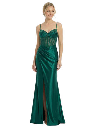 Beautiful Spaghetti Straps V-Neck Lace Side Slit Corset Mermaid Maxi Prom Gown