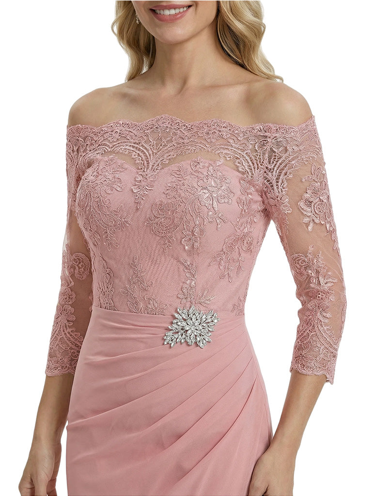Elegant Off Shoulder 3/4 Sleeves Mermaid Chiffon Mother Of The Bride Dress With Lace Appliques