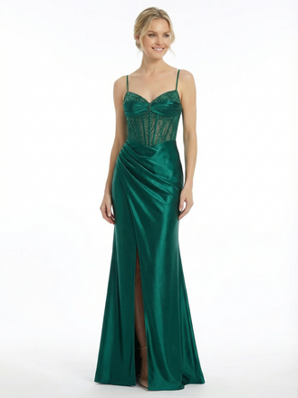 Classy Beaded Bustier Satin Maxi Dress Corset Prom Gown with Leg Slit