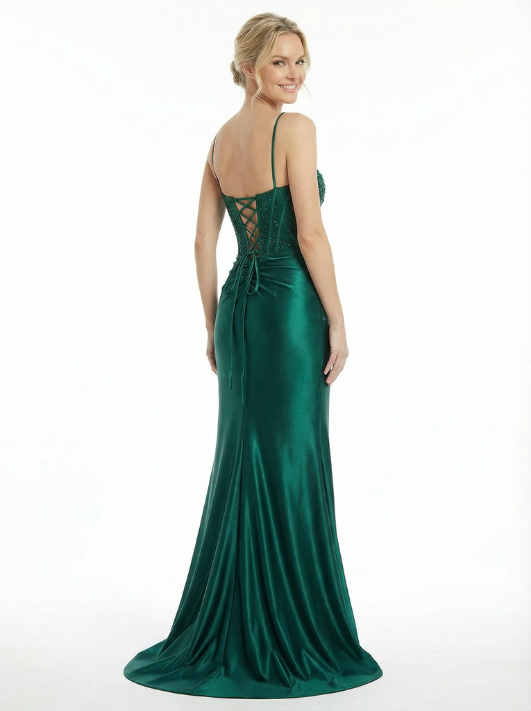 Classy Beaded Bustier Satin Maxi Dress Sophisticated Sleeveless Prom Gown with Leg Slit