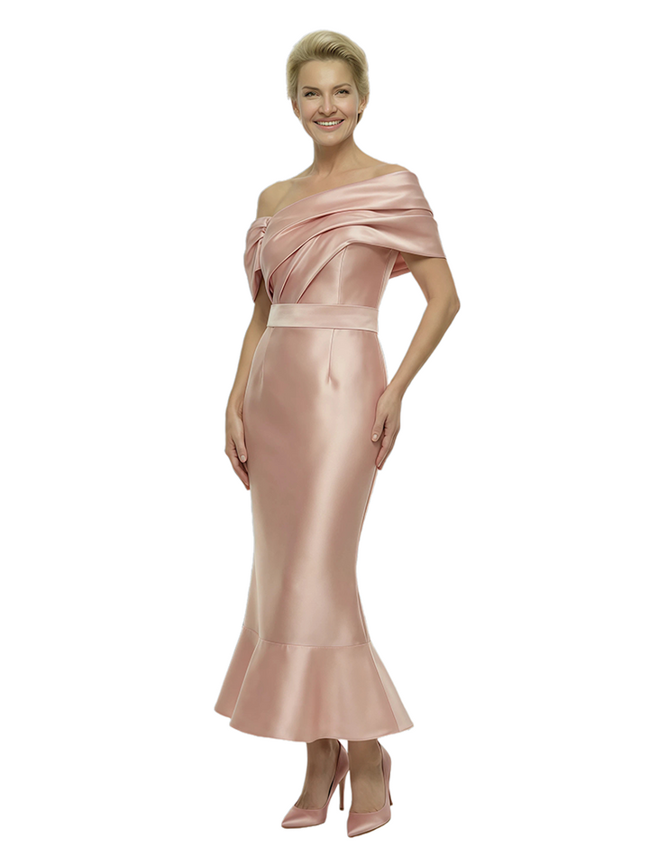 Exquisite Off Shoulder Ankle-Length Mermaid Satin Ruched Mother Of The Bride Gown
