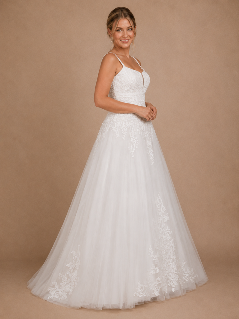 ChicSew Fancy Sleeveless Spaghetti Straps Lace Tulle Long A-Line Wedding Dress