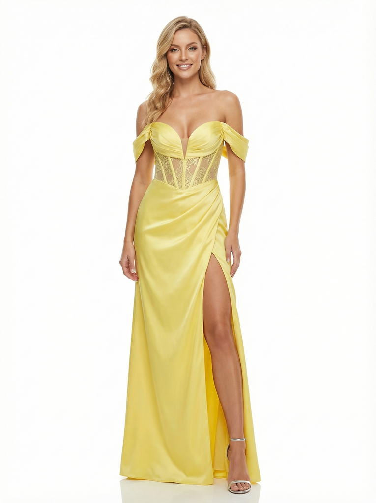 Modern Off the Shoulder Corset Gown Sexy Sheer Lace Inset Prom Dress with Draped Skirt