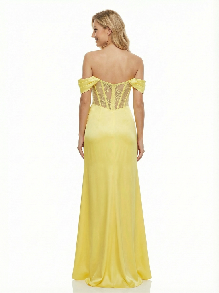 Modern Off the Shoulder Corset Gown Sexy Sheer Lace Inset Prom Dress with Draped Skirt