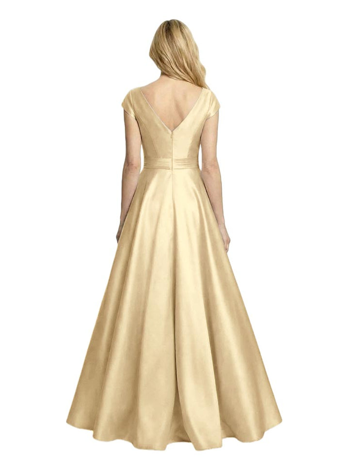 Elegant Satin V-neck Cap Sleeves A-line Long Mother Of The Bride Dresses