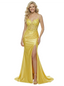 Dreamy Lace Applique Prom Dress Sheer Boned Corset Bodice Satin Side Slit Holiday Gown