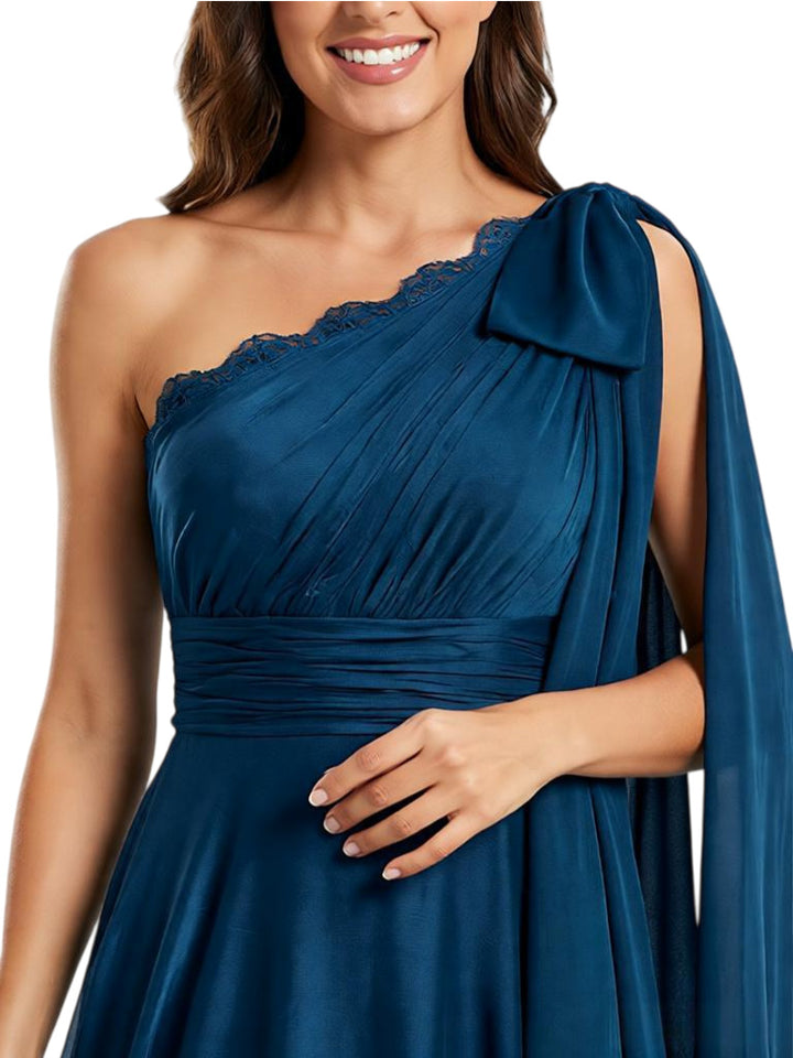 Elegant One Shoulder Sleeveless A-Line Chiffon Mother Of The Bride Dress With Bow Knot
