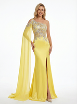 ChicSew Unique One Shoulder Cape Sleeve Prom Gown Sexy Sheath Evening Dress with Floral Applique