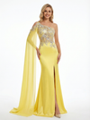 Unique One Shoulder Cape Sleeve Prom Gown Sexy Sheath Evening Dress with Floral Applique
