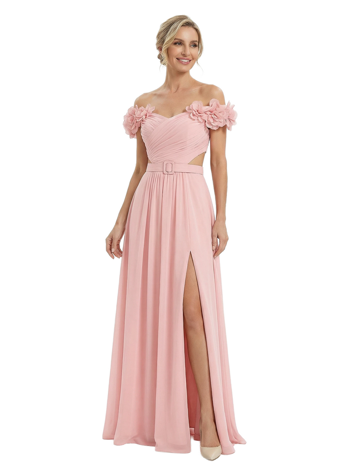 Sexy Floral Off Shoulder Sleeveless Side Slit A-Line Chiffon Mother Of The Bride Dresses