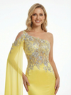 Unique One Shoulder Cape Sleeve Prom Gown Sexy Sheath Evening Dress with Floral Applique