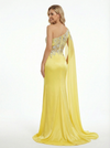 Unique One Shoulder Cape Sleeve Prom Gown Sexy Sheath Evening Dress with Floral Applique